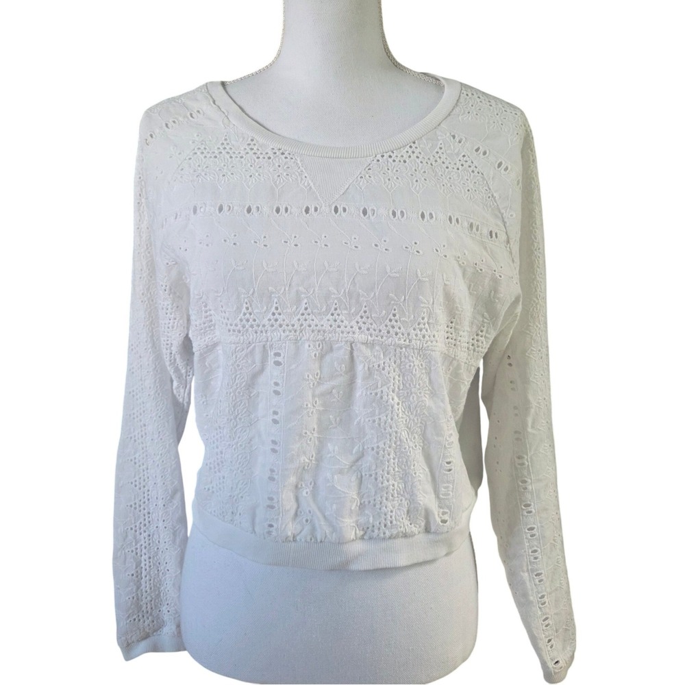 Pimkie White Eyelet Lace Long Sleeve Top‎ Cozy Soft Coquette Feminine Crewneck - Picture 2 of 9
